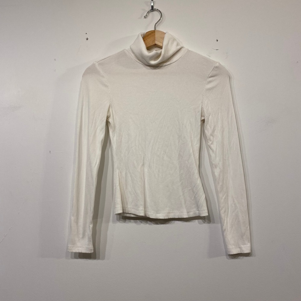 Shein Womens Ribbed Turtleneck Top Long Sleeve Off White Cream Size XS 2